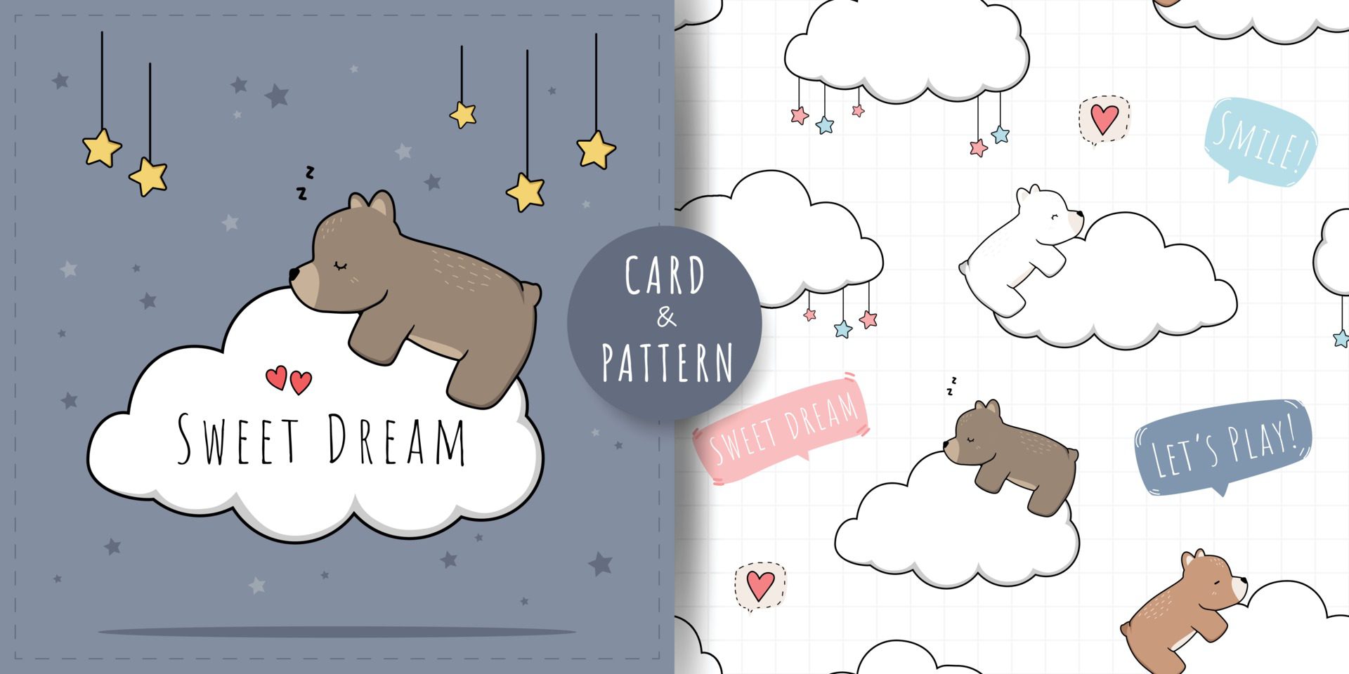 Cute teddy bear sleeping and hugging cloud cartoon doodle card and seamless pattern Free Vector