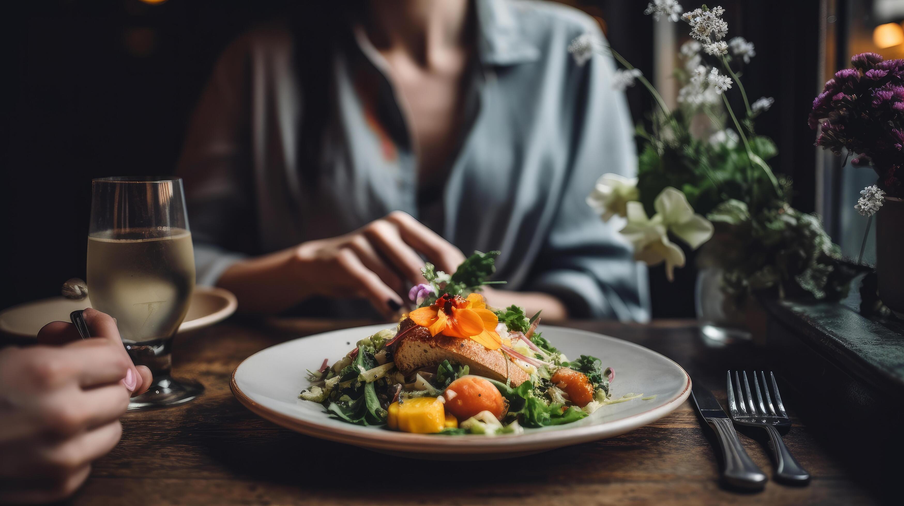 Woman sitting with flower bouquet by food on dining table Illustration Stock Free