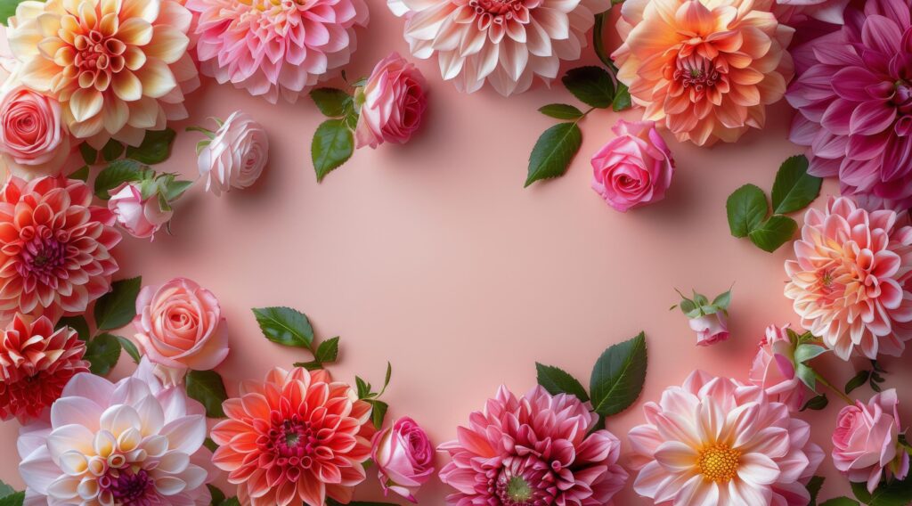 Pink and Orange Flowers Arranged in a Heart Shape on a Pink Background Stock Free