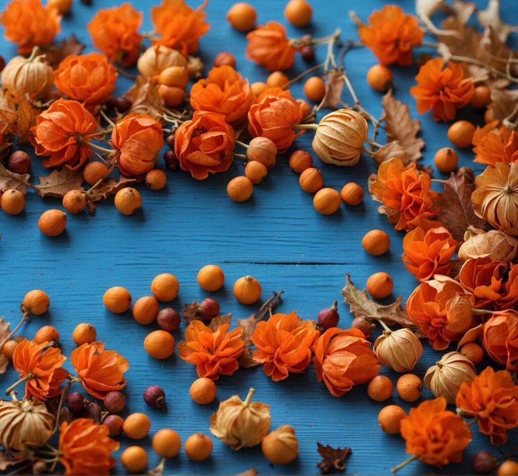 Autumn background with physalis, berries and leaves on a blue wooden table Free Photo