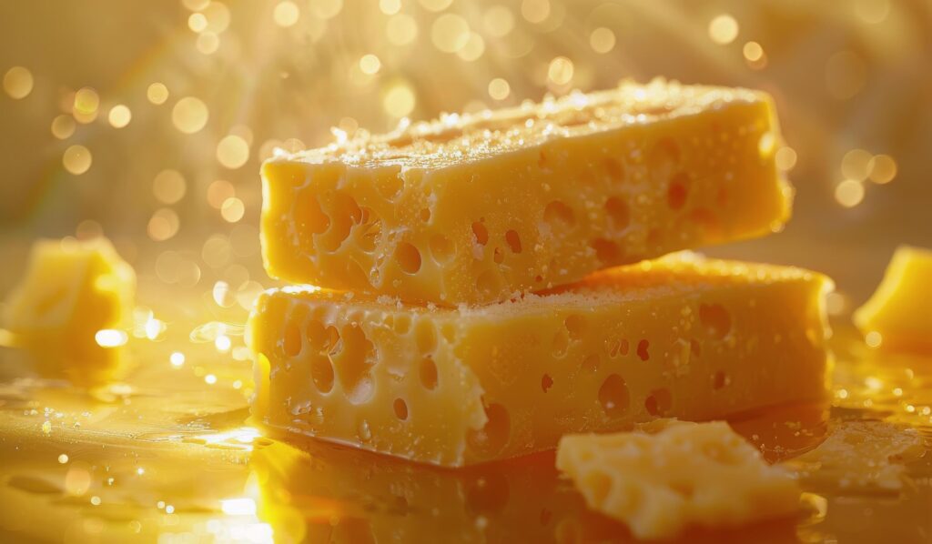 Closeup of Two Cubes of Swiss Cheese With Bokeh Background Stock Free