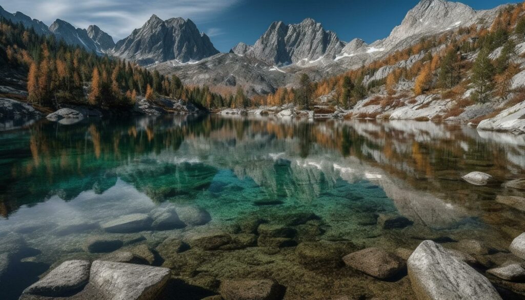 Majestic mountain range reflects in tranquil pond, natural beauty abounds generated by AI Stock Free