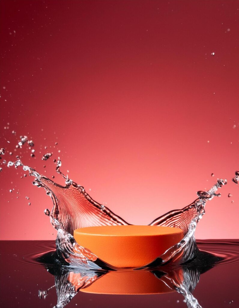 empty orange podium mockup with water splash on a gradient background for product display Stock Free