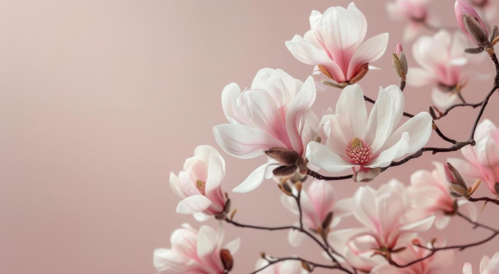 Close Up of Delicate Pink Magnolia Blossoms on a Branch Against a Light Pink Background Stock Free