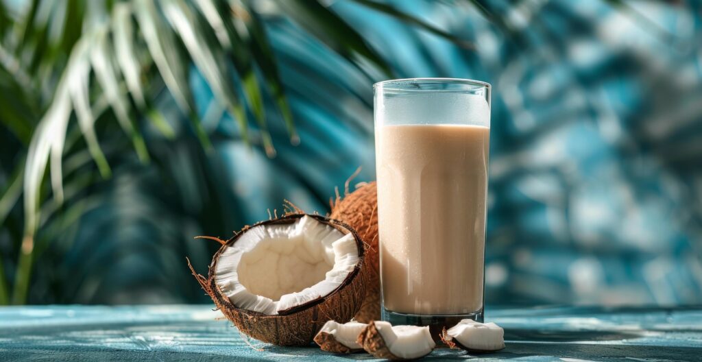 Fresh Coconut Milk Drink With Coconut Half on Blue Background Stock Free