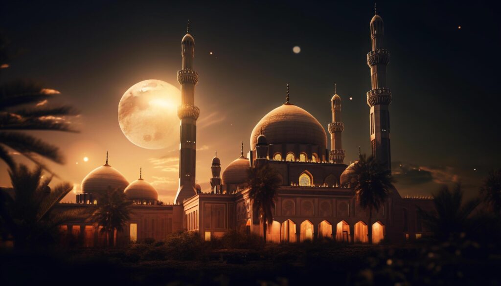 Majestic Blue Mosque illuminates city skyline at dusk generated by AI Stock Free