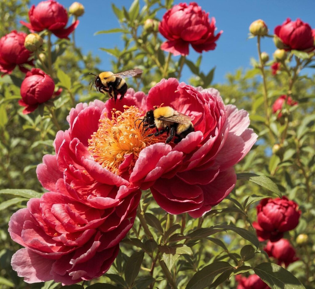 Bumblebee pollinates a red peony flower in the garden Free Photo