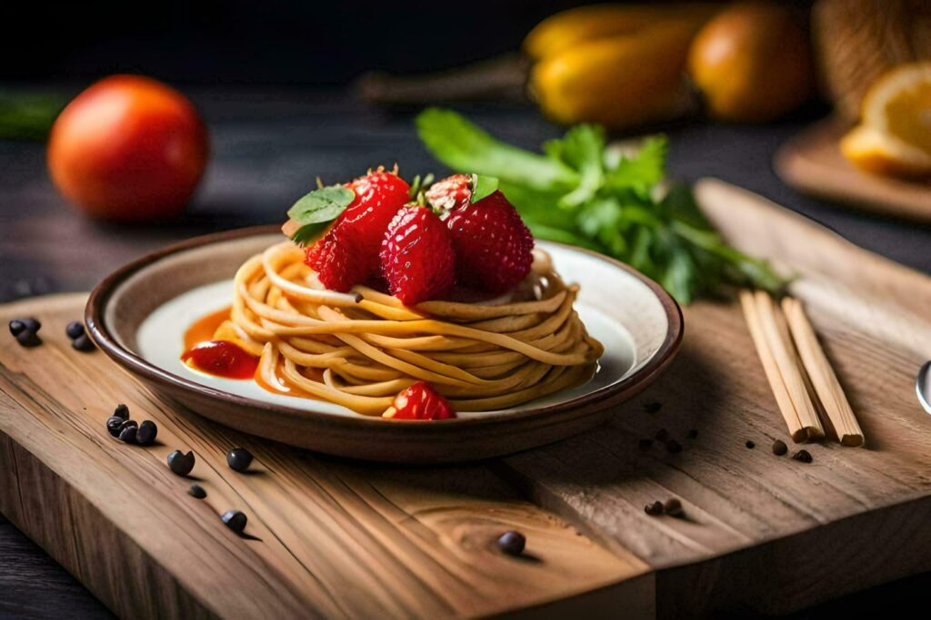 spaghetti with strawberries and tomatoes on a wooden table. AI-Generated Free Photo