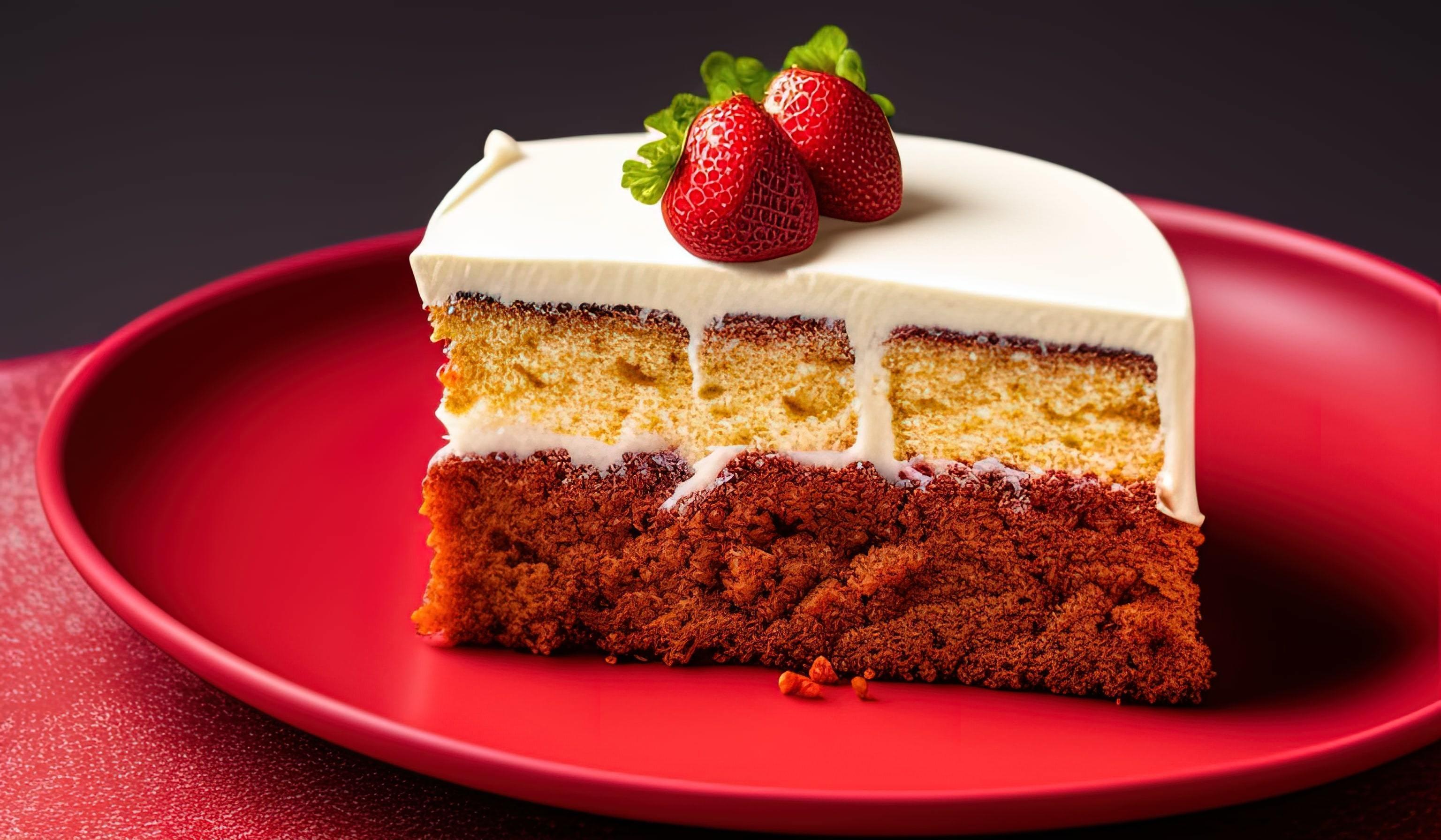 professional food photography of a piece of cake sitting on top of a red plate Stock Free