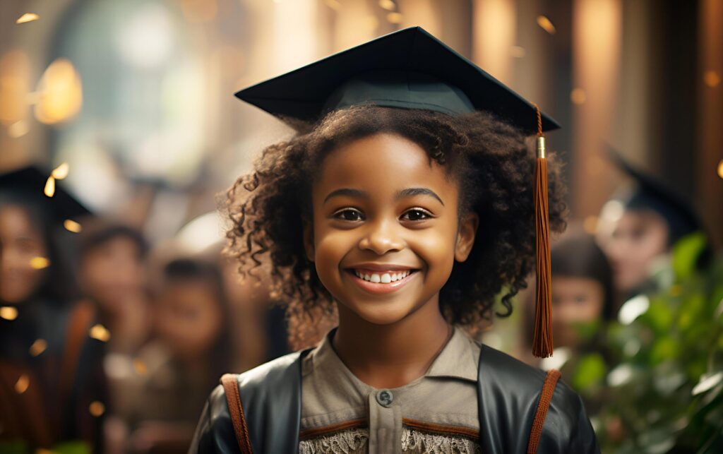 Smiling African American girl child in graduation cap in school. Kid graduating student celebrating school graduation. Ai-Generated Free Photo