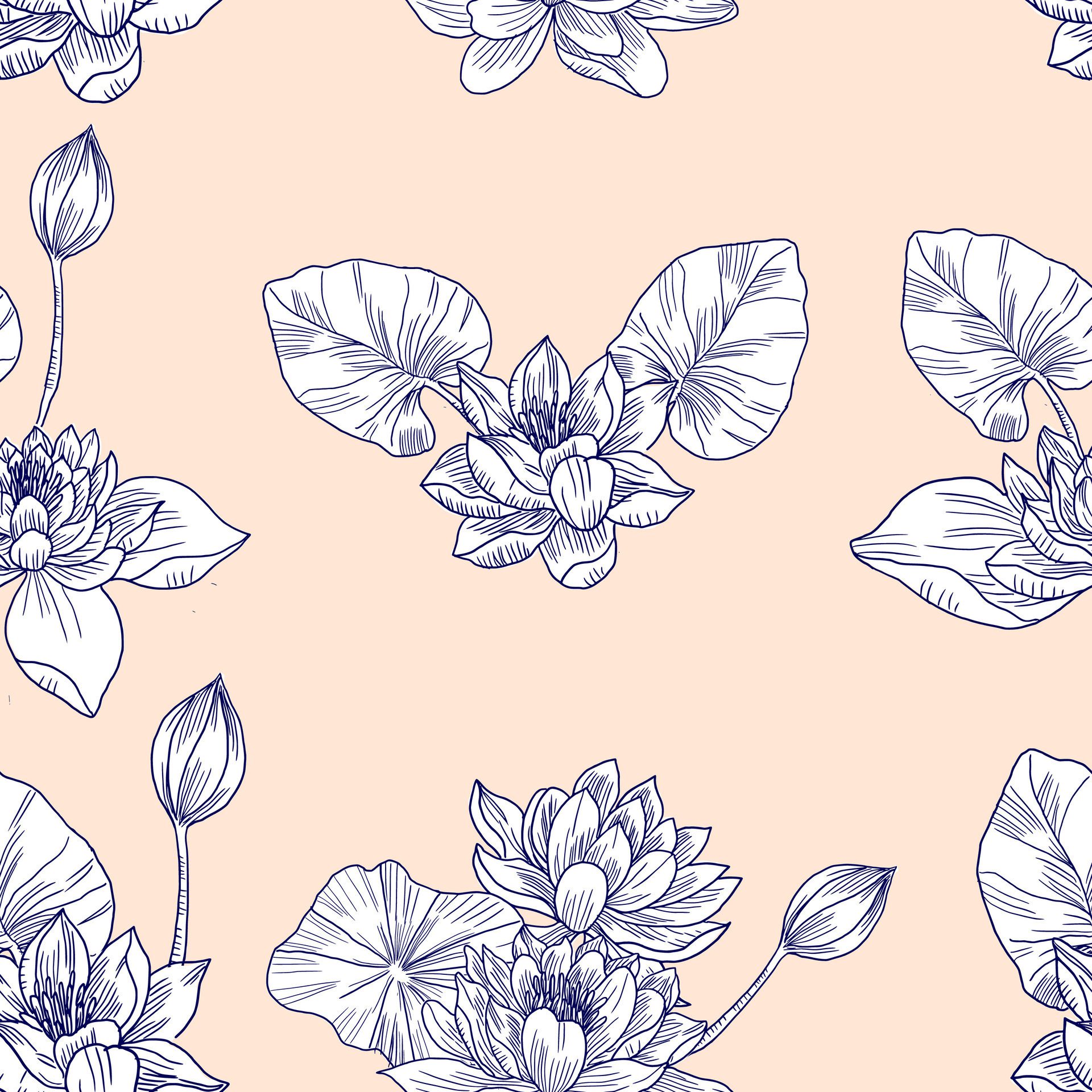 Hand Drawn Water Lily Flower Seamless Pattern Free Vector