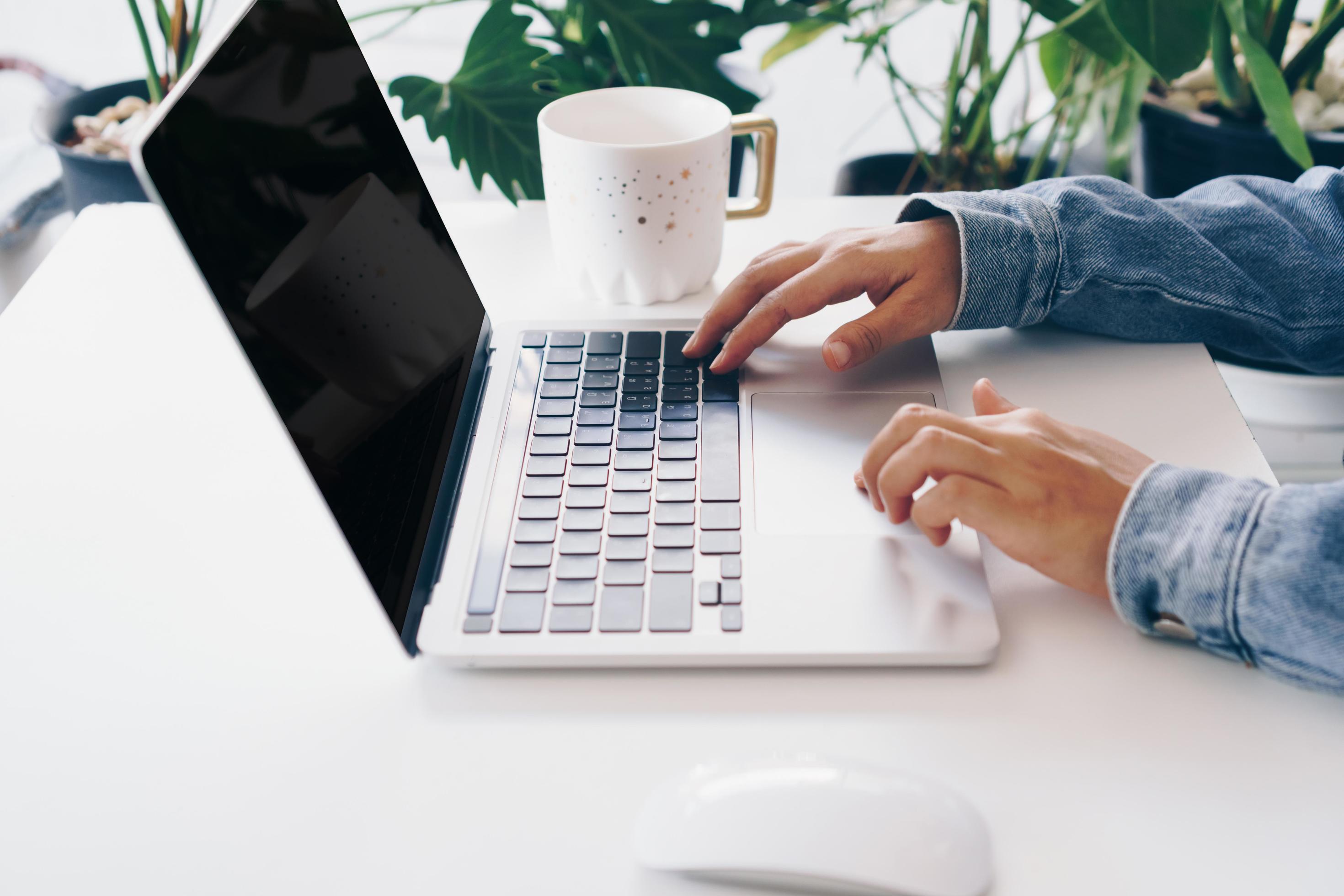 Person using a laptop to work study on desk Stock Free