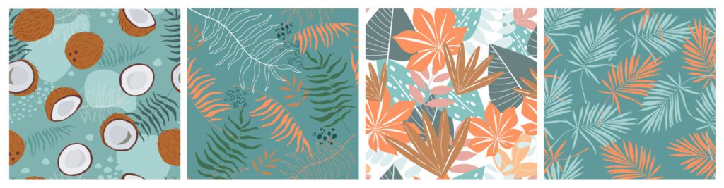 A set of seamless patterns with tropical leaves and coconut fruits. Exotic print with plants from the jungle. Vector graphics. Free Vector