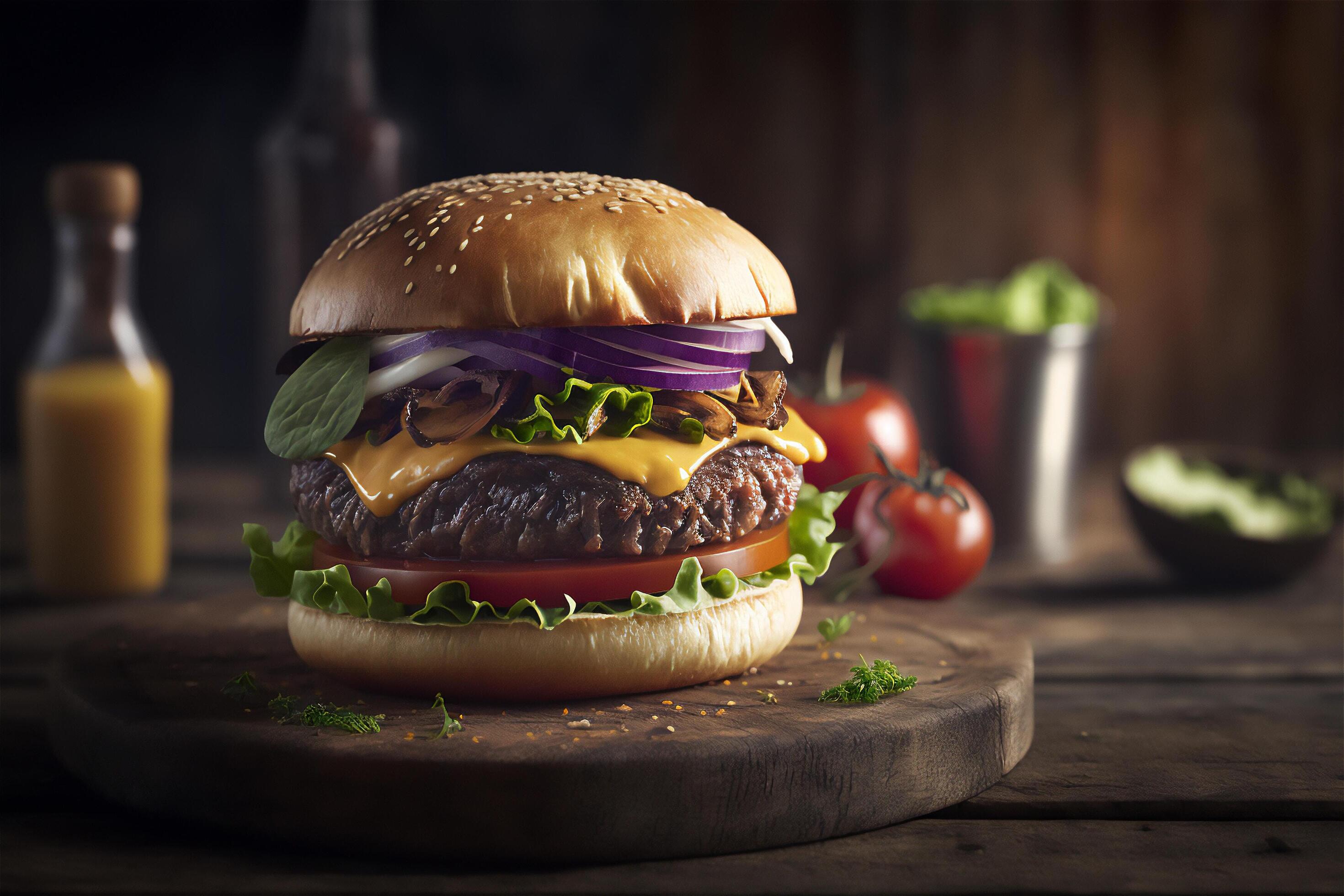 Tasty homemade hamburger on rustic wooden table. Copy space. Advertising. . Fast food snack Stock Free