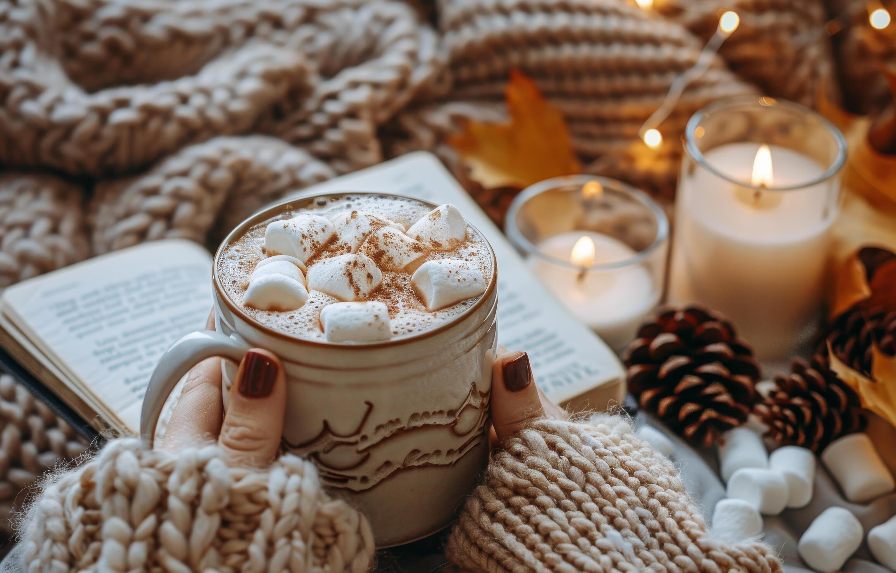 Cozy Autumn Evening With Hot Chocolate, Book, and Candles Stock Free