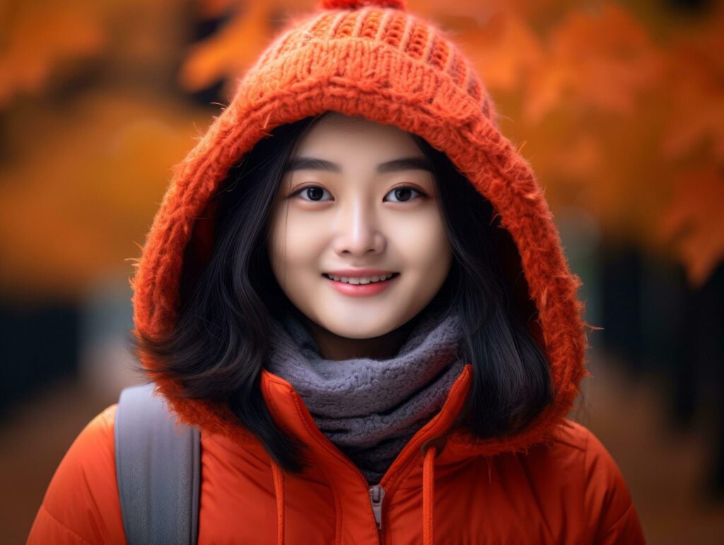 photo of emotional dynamic pose Asian woman in autumn AI Generative Free Photo