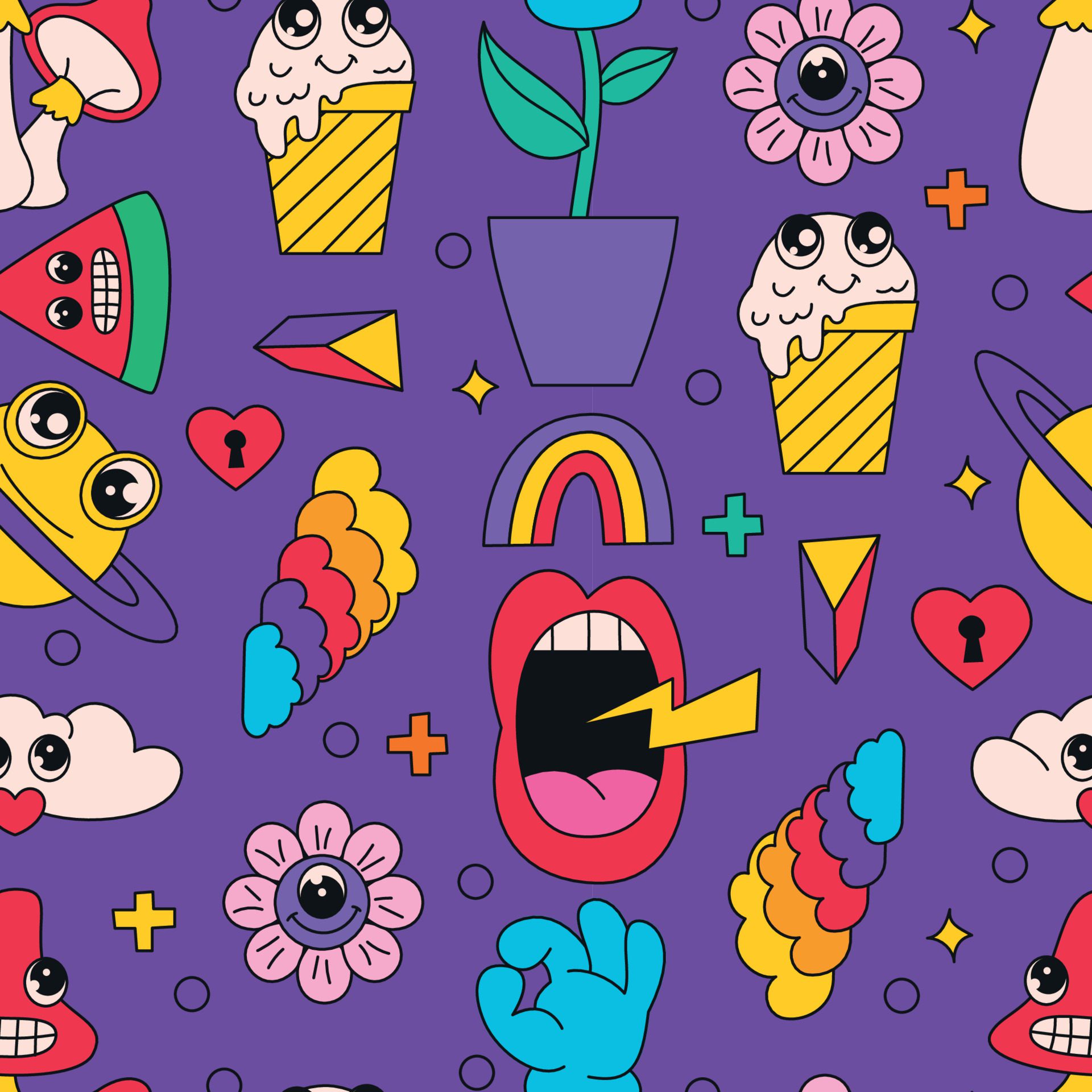 Hand drawn trendy colorful cartoon pattern Free Vector