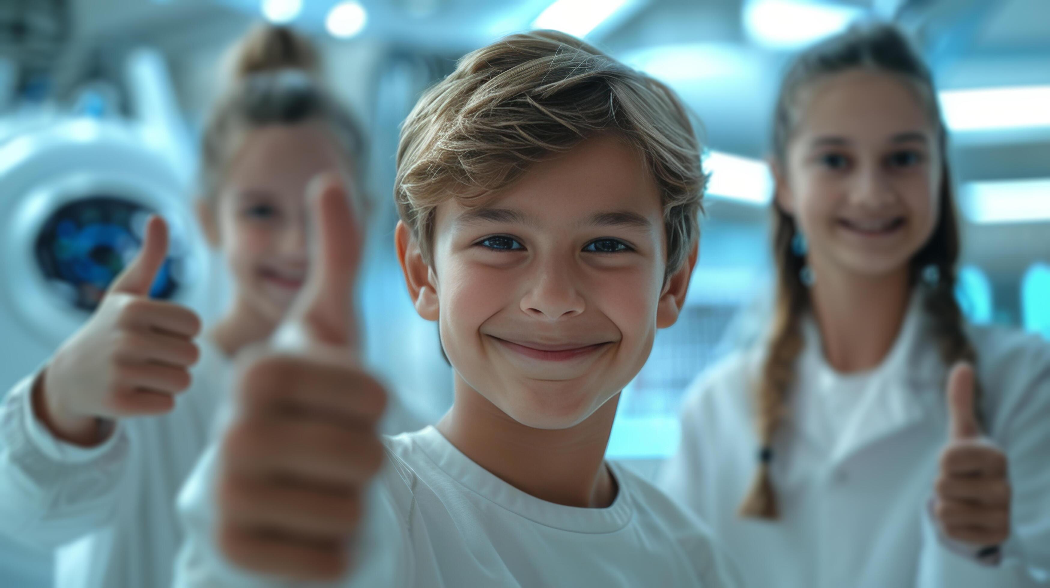 Smiling Boy Gives Thumbs Up in Blue Lab Coat During Science Experiment Stock Free