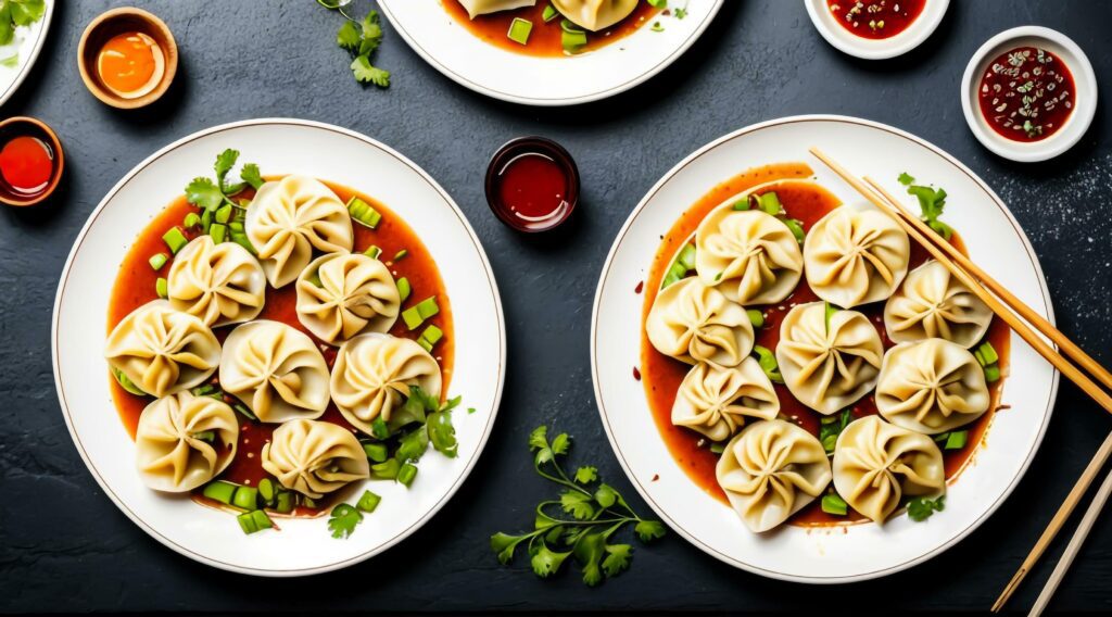 Deliciously flavorful chicken dumplings with Sauce. Food Photography. Ai generated. Stock Free