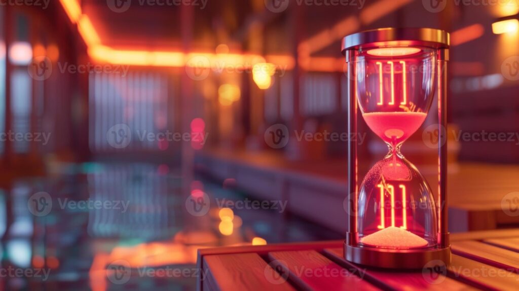 image 2 Closeup of a digital hourglass timer with glowing red numbers and a faint image of a sauna in the background. Pro Photo