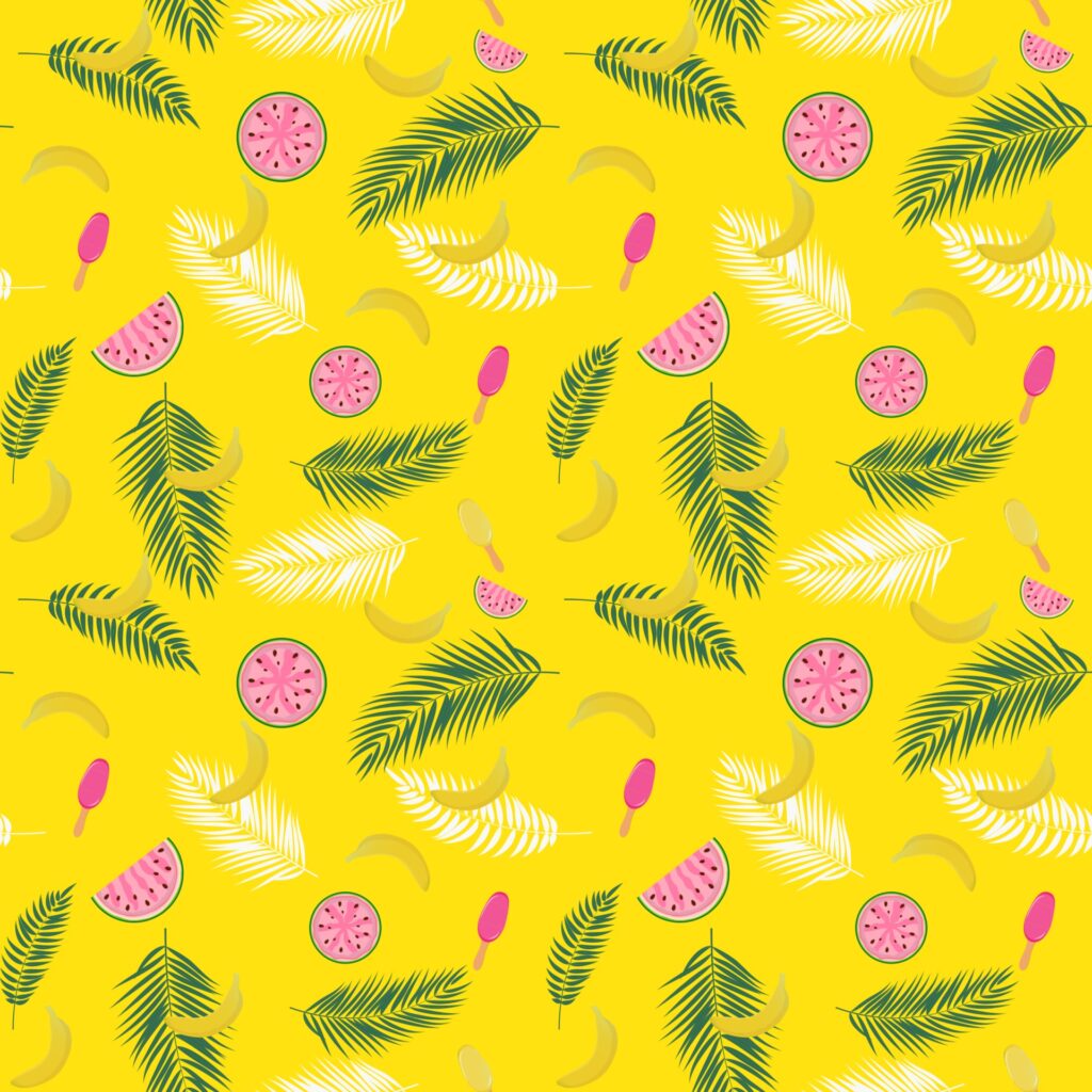 Beautifil Summer Seamless Pattern Background with Palm Tree Leaf Silhouette, Watermelon, Banana and Ice Cream. Vector Illustration Free Vector