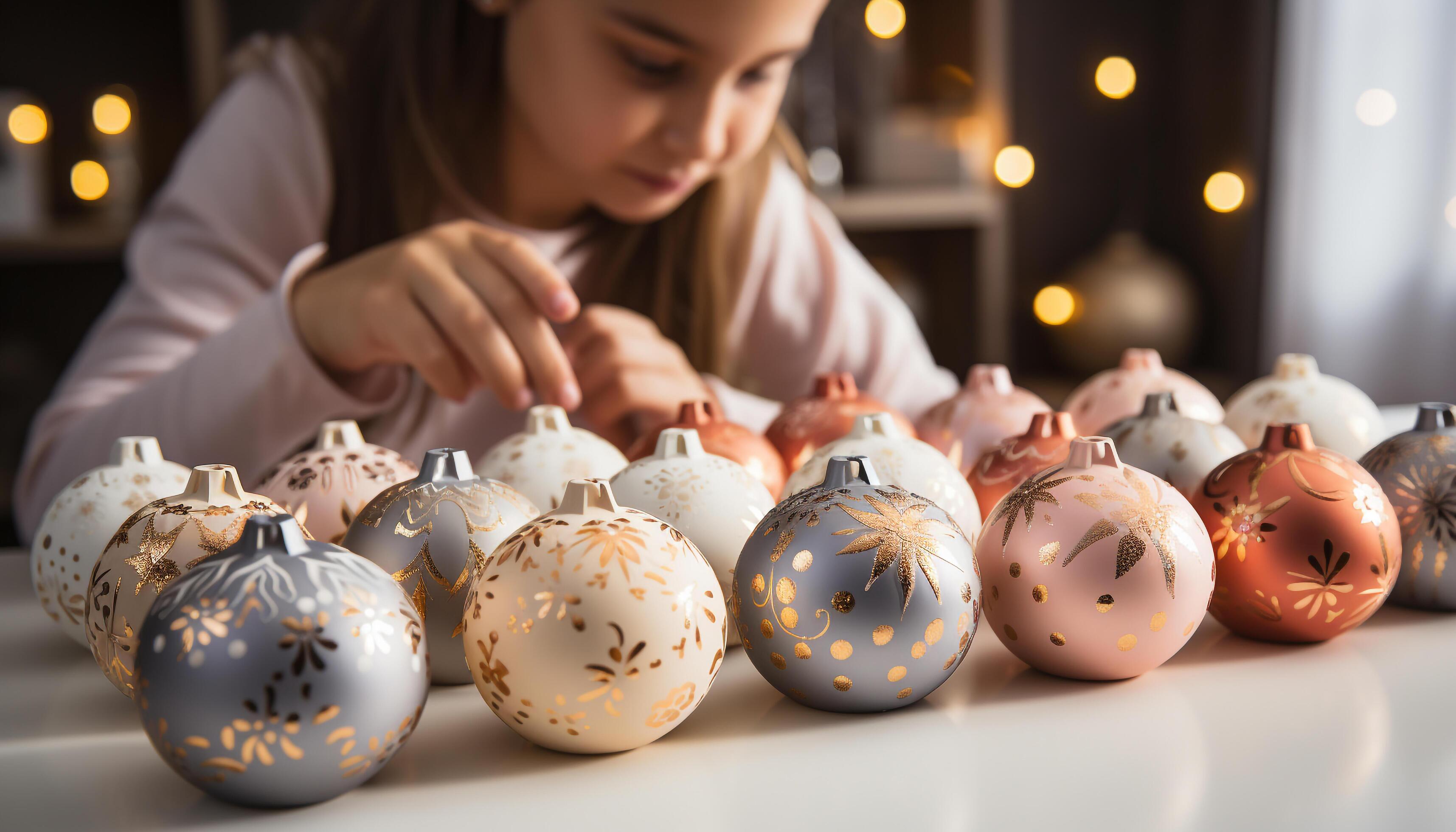 AI generated Cute Caucasian girl smiling, decorating Christmas tree with family indoors generated by AI Stock Free