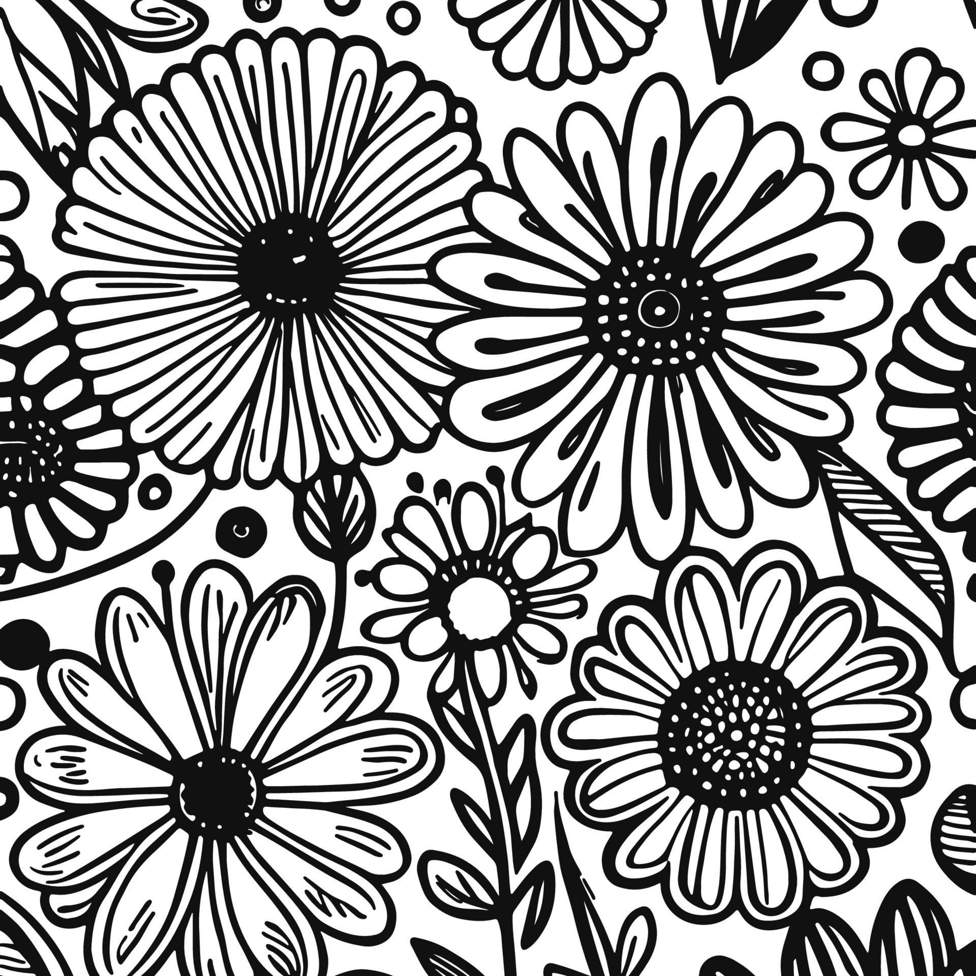 Abstract Black And White Monochromatic Hand-drawn Flowers Texture Pattern Doodle Vector Illustration Free Vector