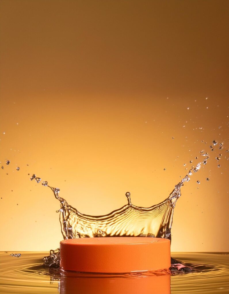 empty orange podium mockup with water splash on a gradient background for product display Stock Free