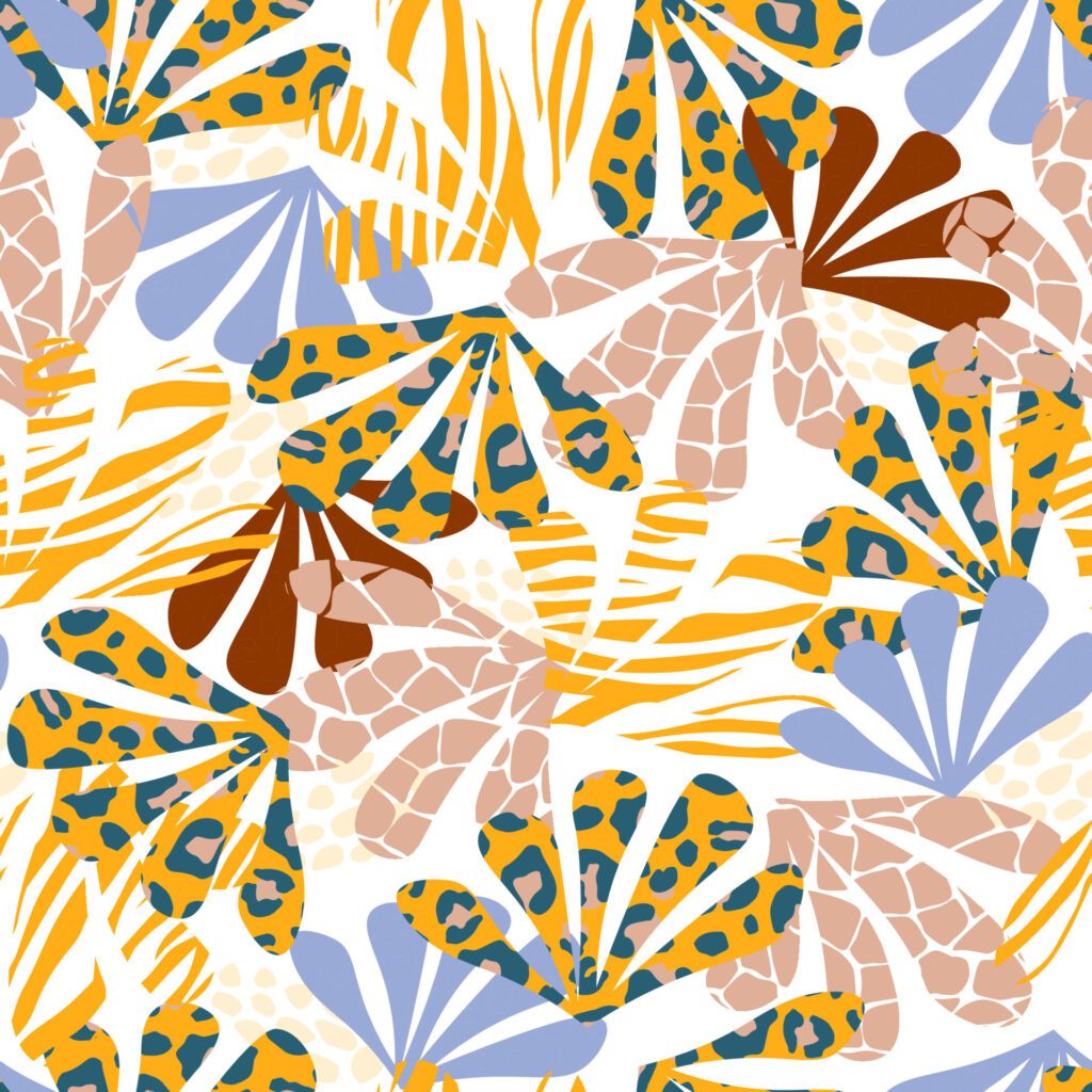 Seamless pattern with tropical exotic ornament with palm leaves. Summer abstract animal print. Vector graphics. Free Vector