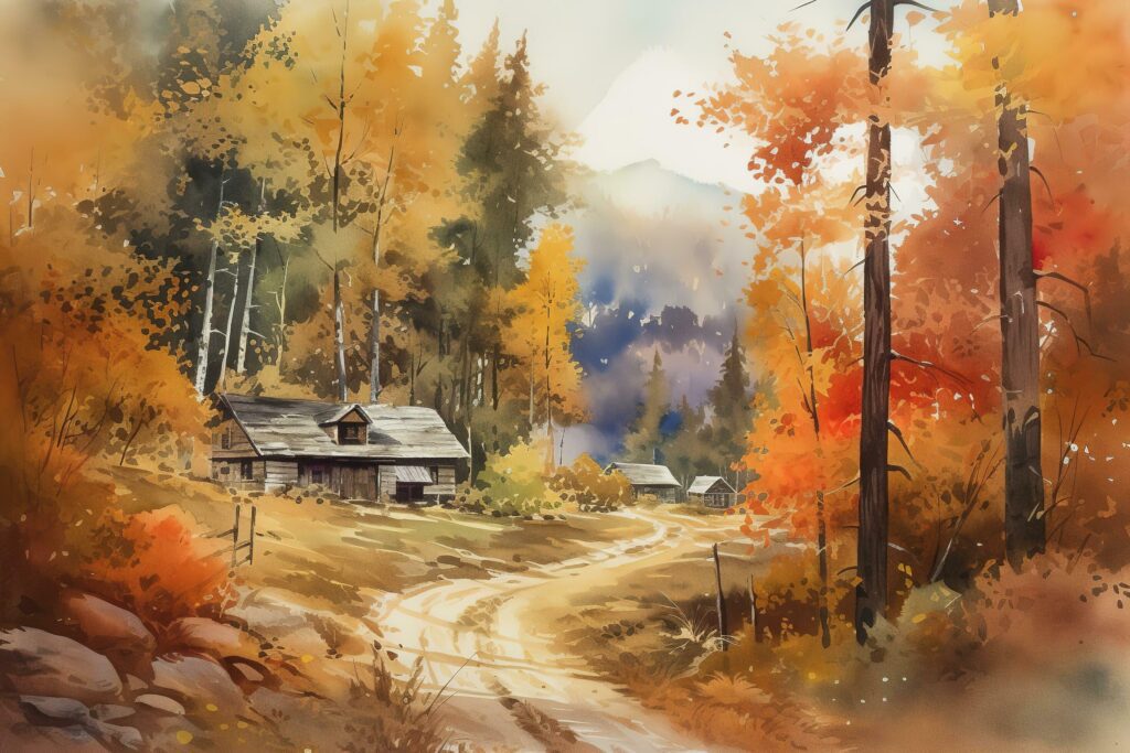 Abandoned wooden house in the summer forest. Watercolor painting , generate ai Stock Free