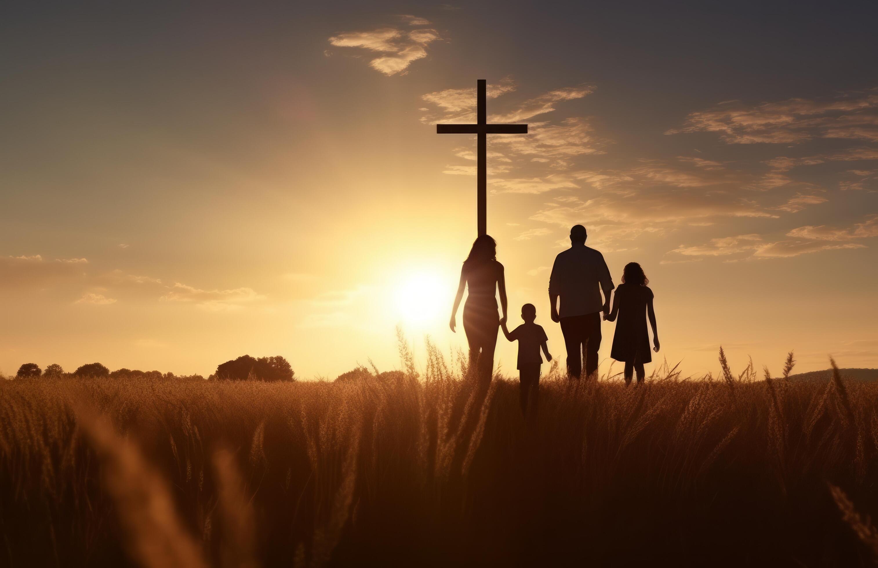 AI generated silhouette of a family walking through the field, with an empty cross in the background Stock Free