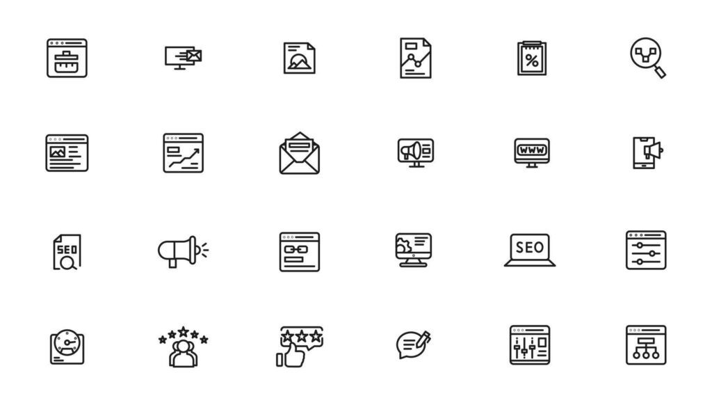 Search Engine Optimization – SEO thin line and marketing icons set. Web Development and Optimization icons. Stock Free