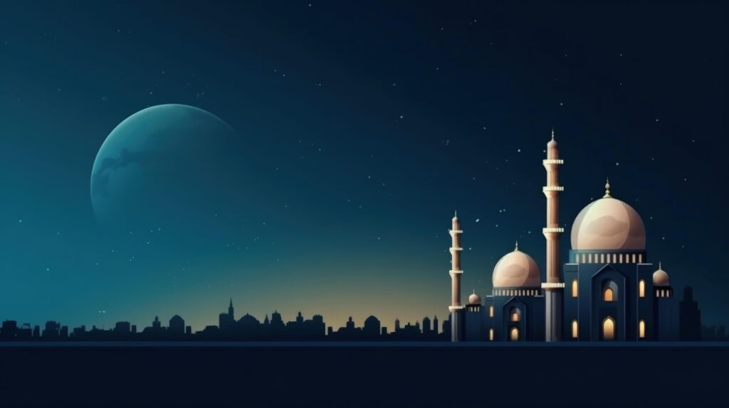 Mosques Dome on dark blue twilight sky and Crescent Moon on background Illustration Stock Free