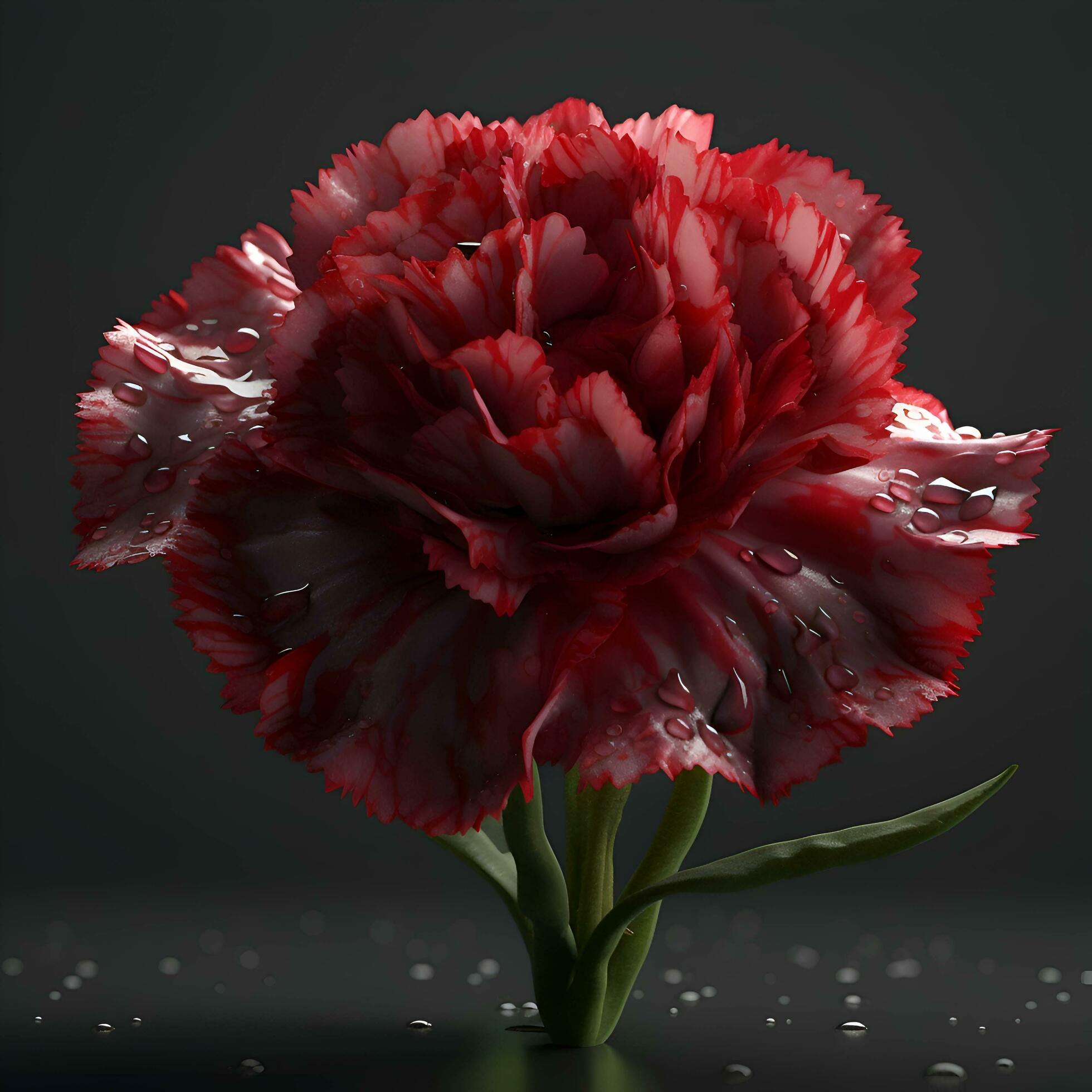 Red carnation flower with water drops on dark background. 3d render Stock Free