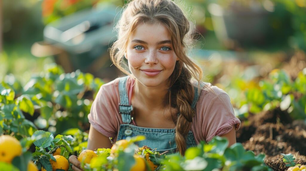 Caucasian young woman harvests vegetables in a organic greenhouse and garden. AI-Generated Free Photo