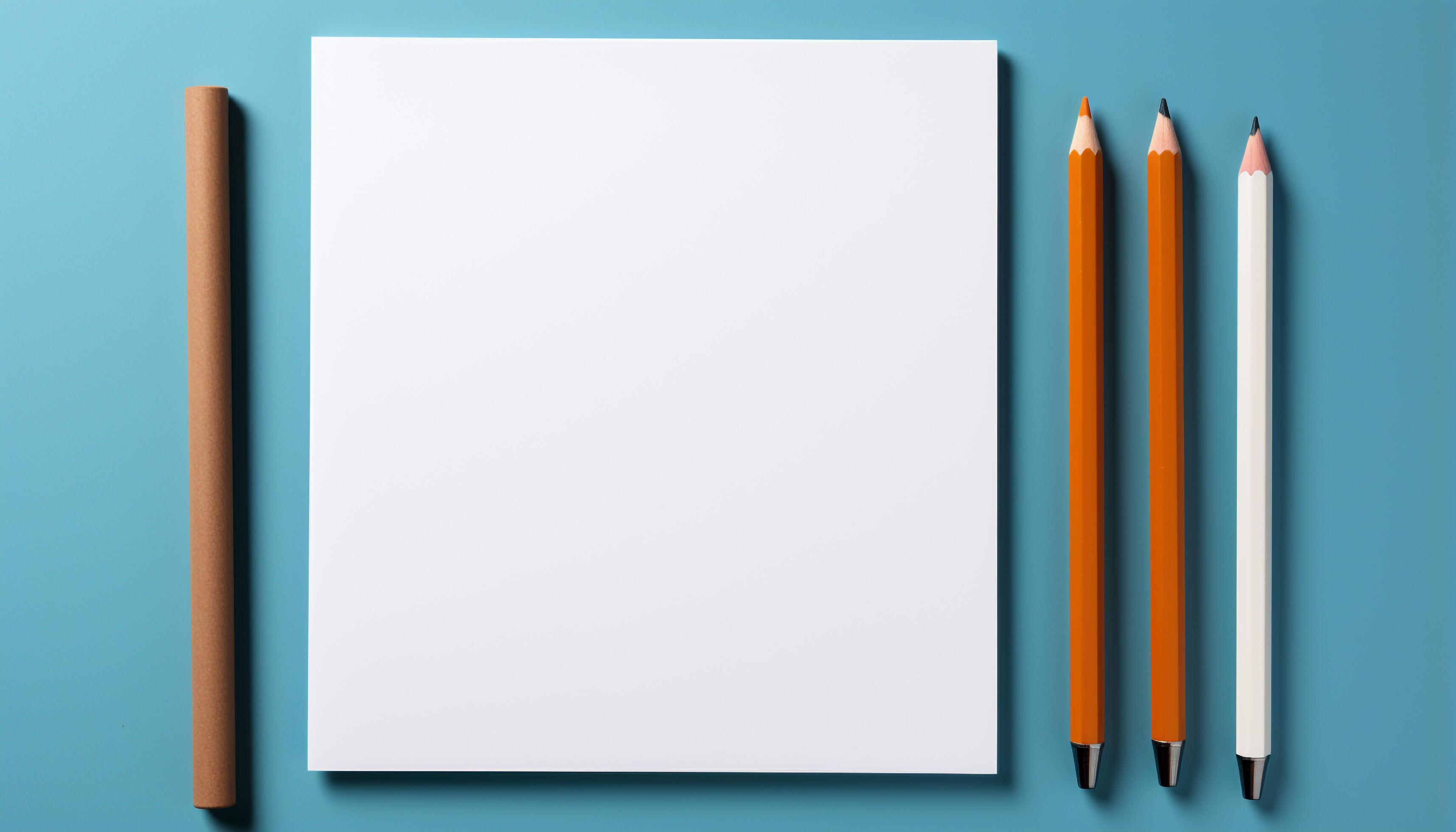 AI generated Education a blank blue paper on a wooden desk generated by AI Stock Free