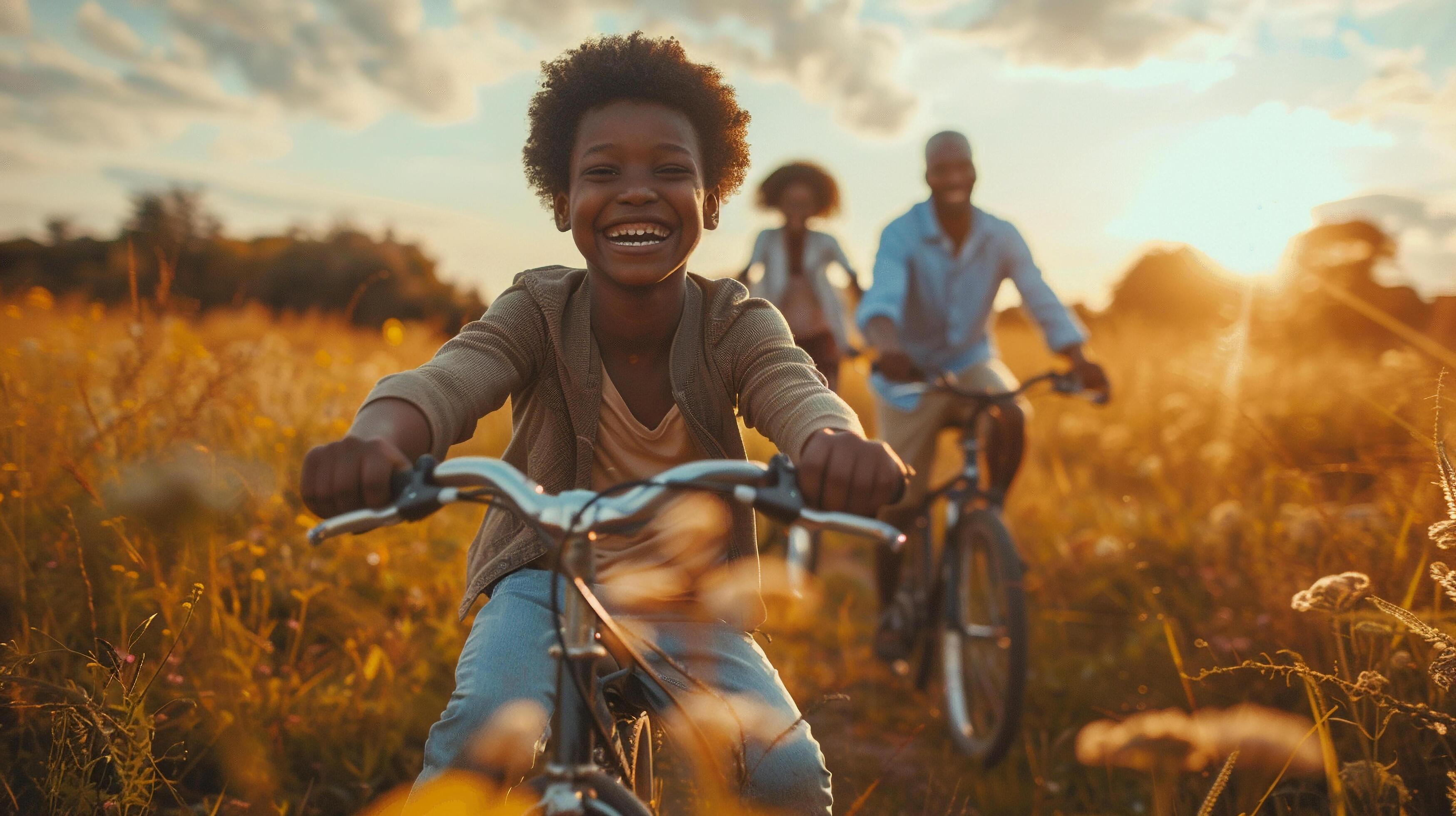 AI generated A happy family enjoying a bike ride together in the countryside Stock Free