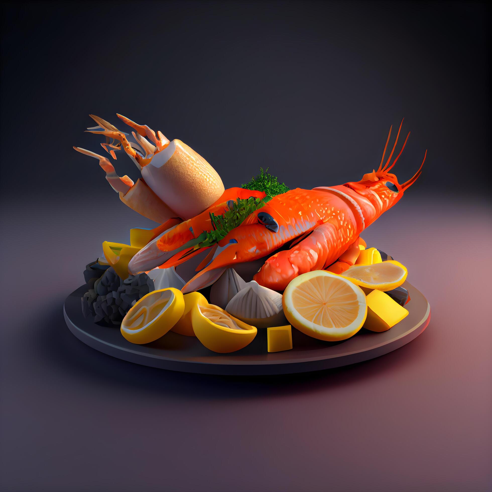 Sea food in a bowl on a dark background. 3d rendering, Image Stock Free