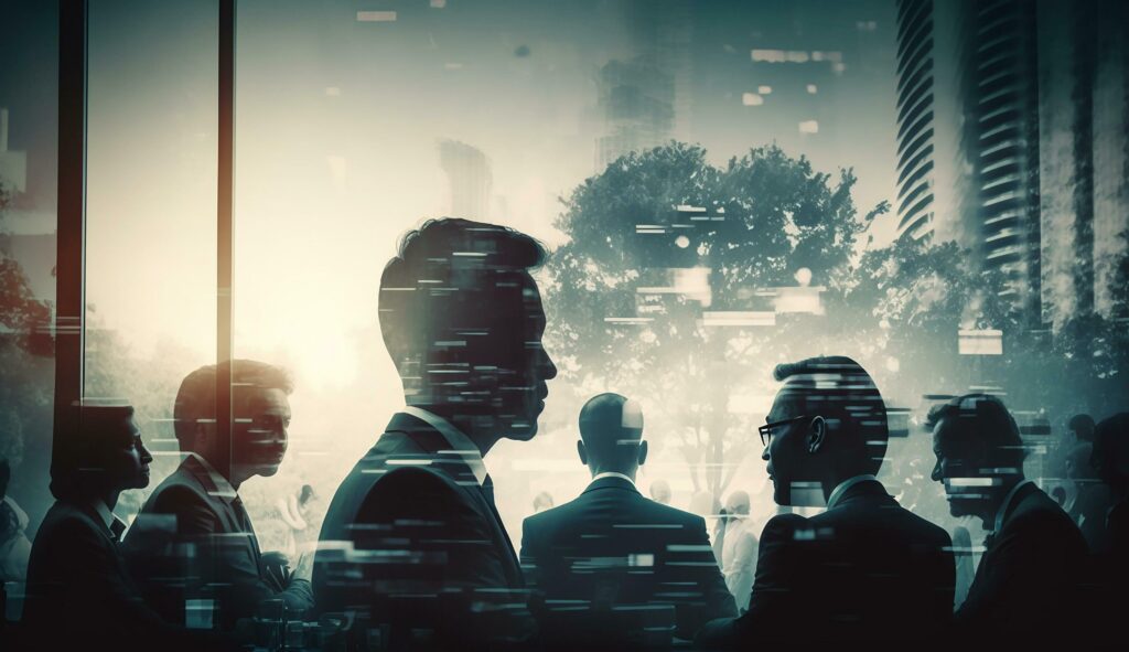 Blurred business people meeting in modern office building conference room, Generative AI Stock Free