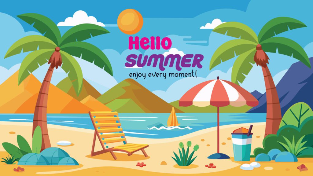 Summer beach scene banner design background Free Vector