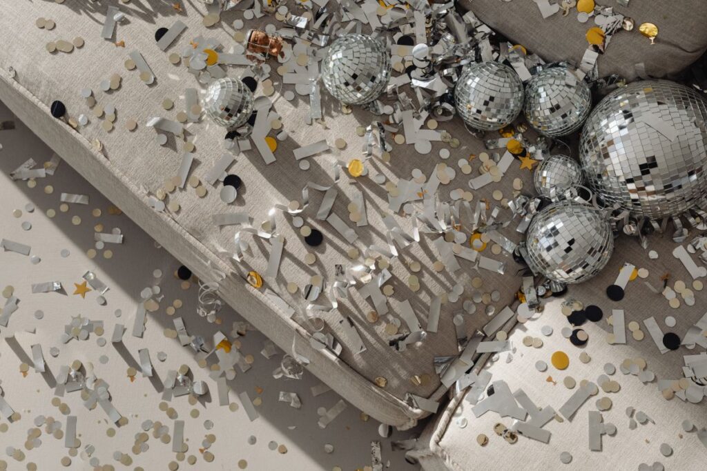 
									New Year’s Eve party mess – confetti – disco balls Stock Free