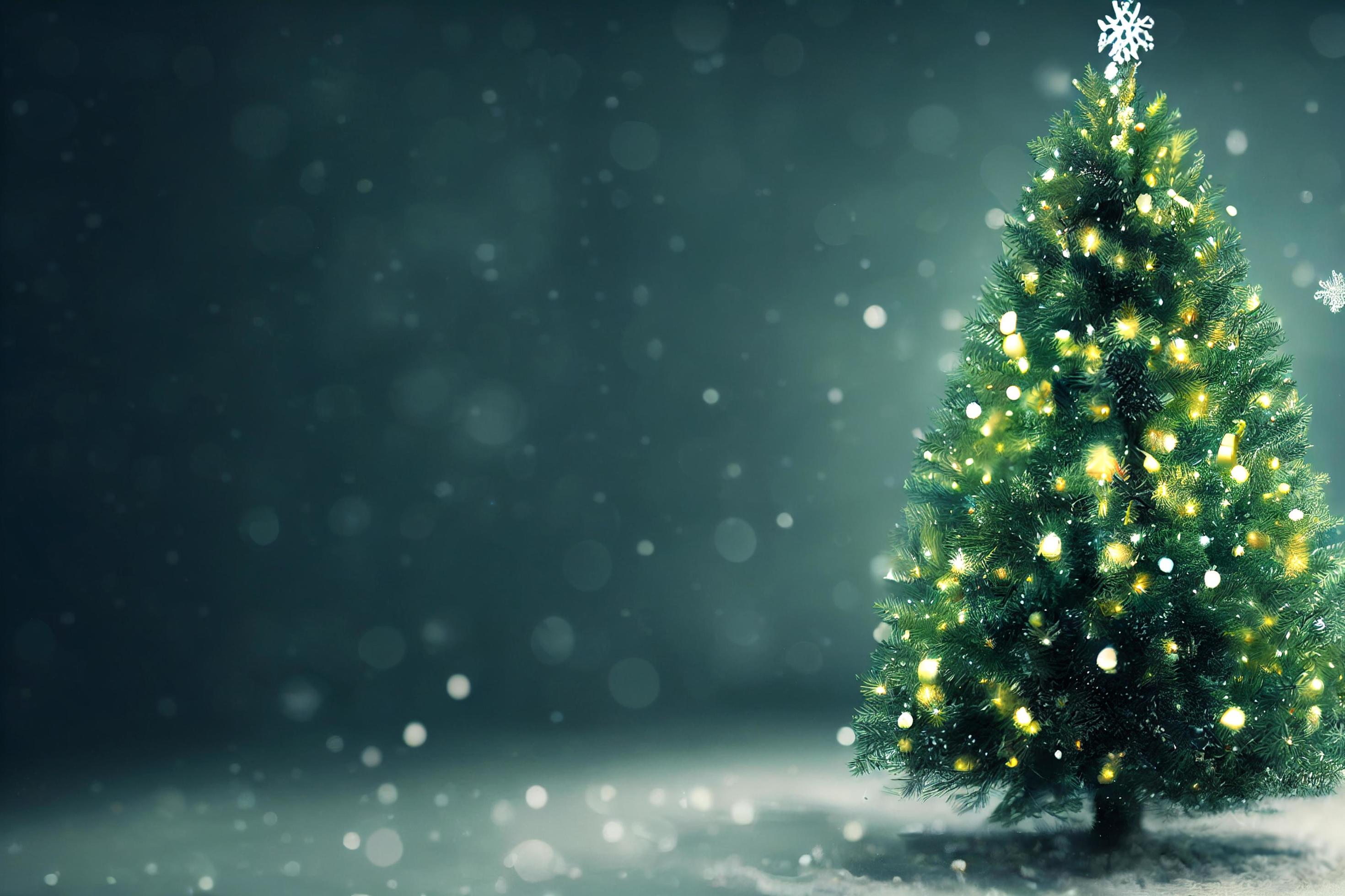 Abstract blurred bokeh background of Christmas tree with snow and copy space, holiday and celebration concept Stock Free