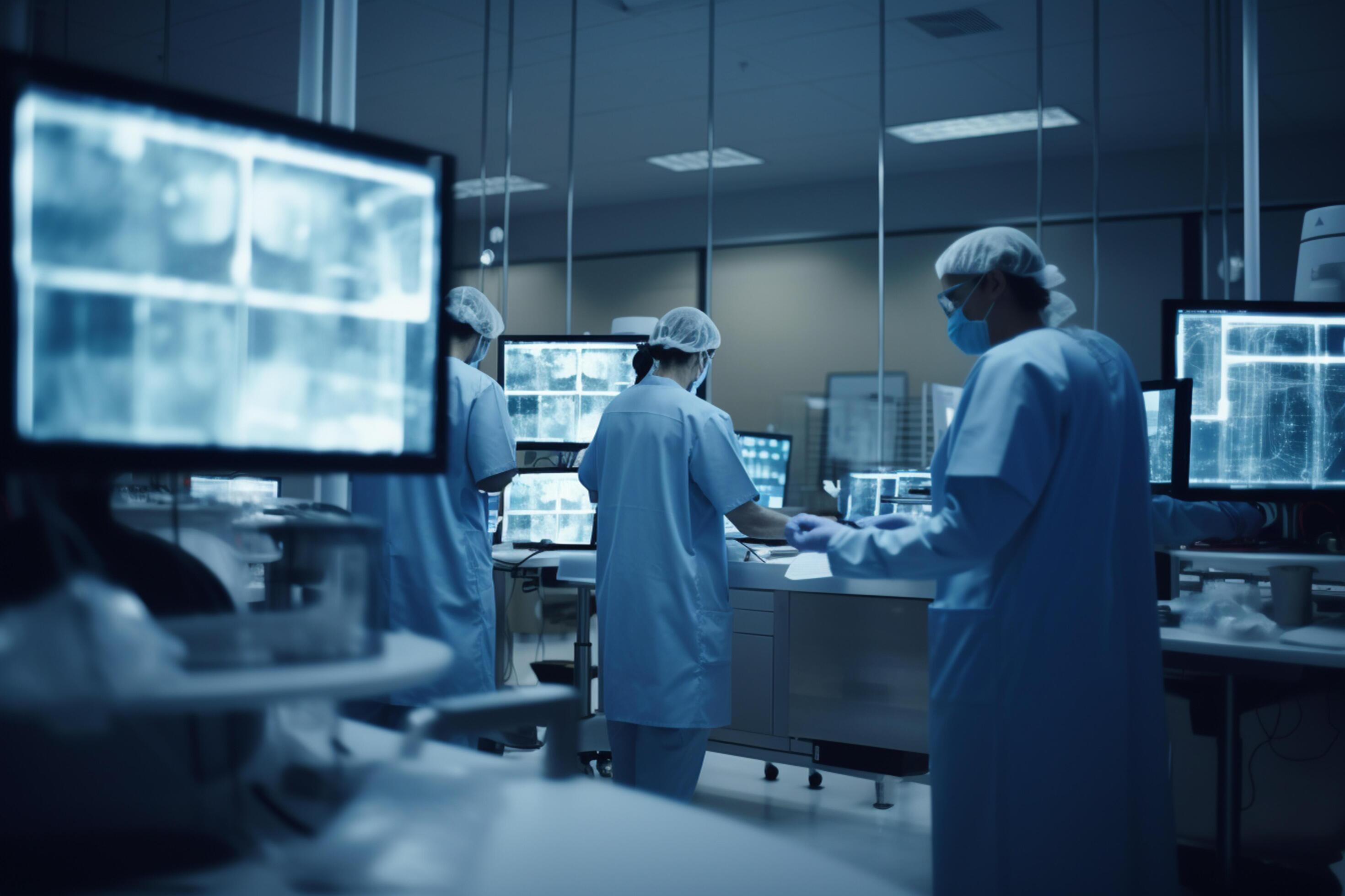 Medical team with surgical masks working in a high-tech laboratory Stock Free