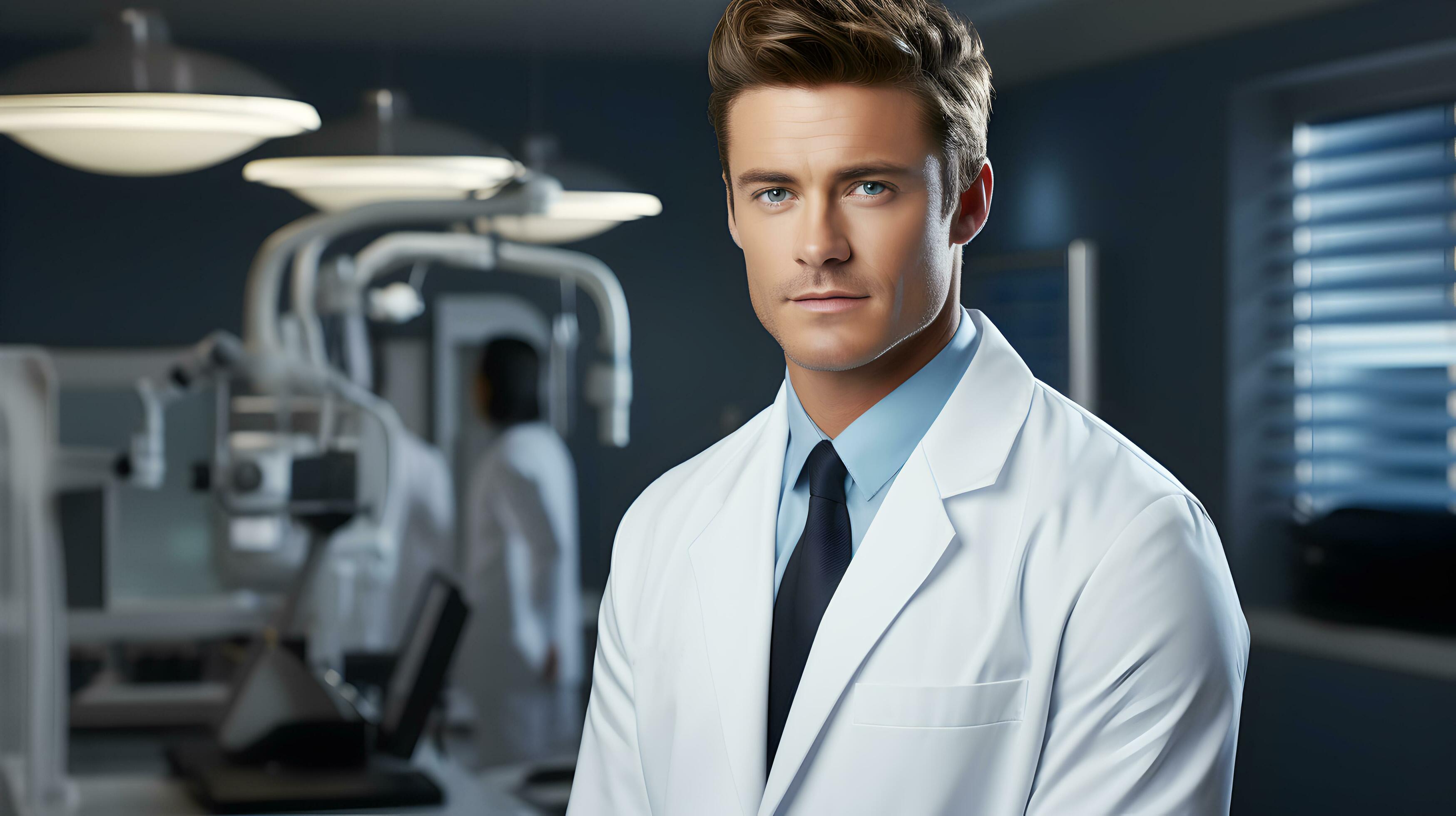 Professional Caucasian male doctor stethoscope in laboratory chemical science. AI Generated Stock Free