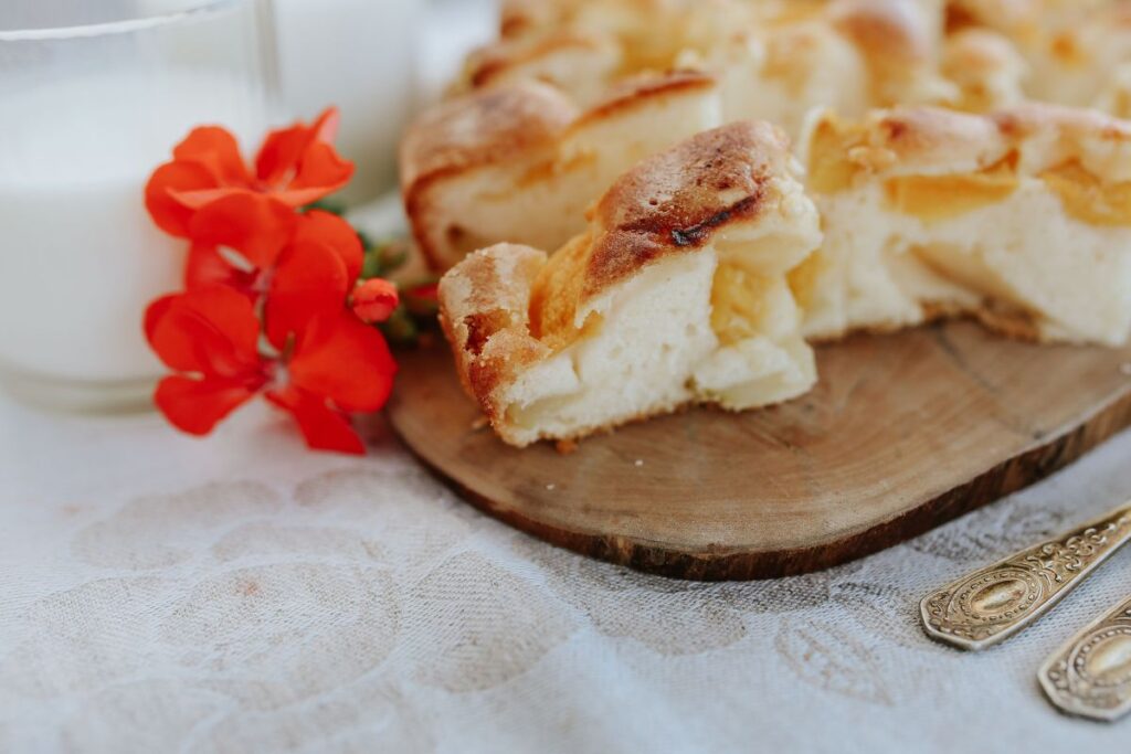 
									Delicious sponge cake with fruit with milk Stock Free