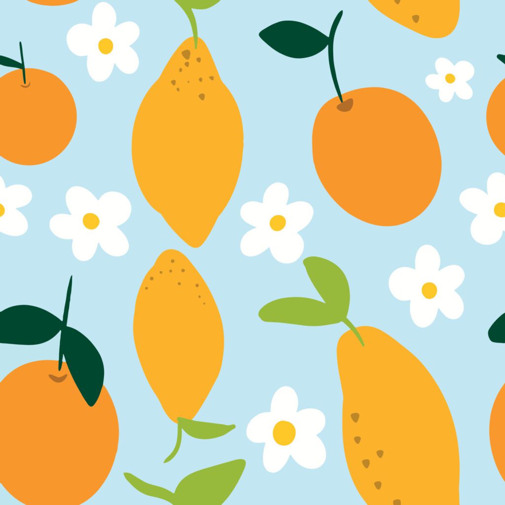 Citrus Orange Lemons Blue Seamless Pattern Free Vector