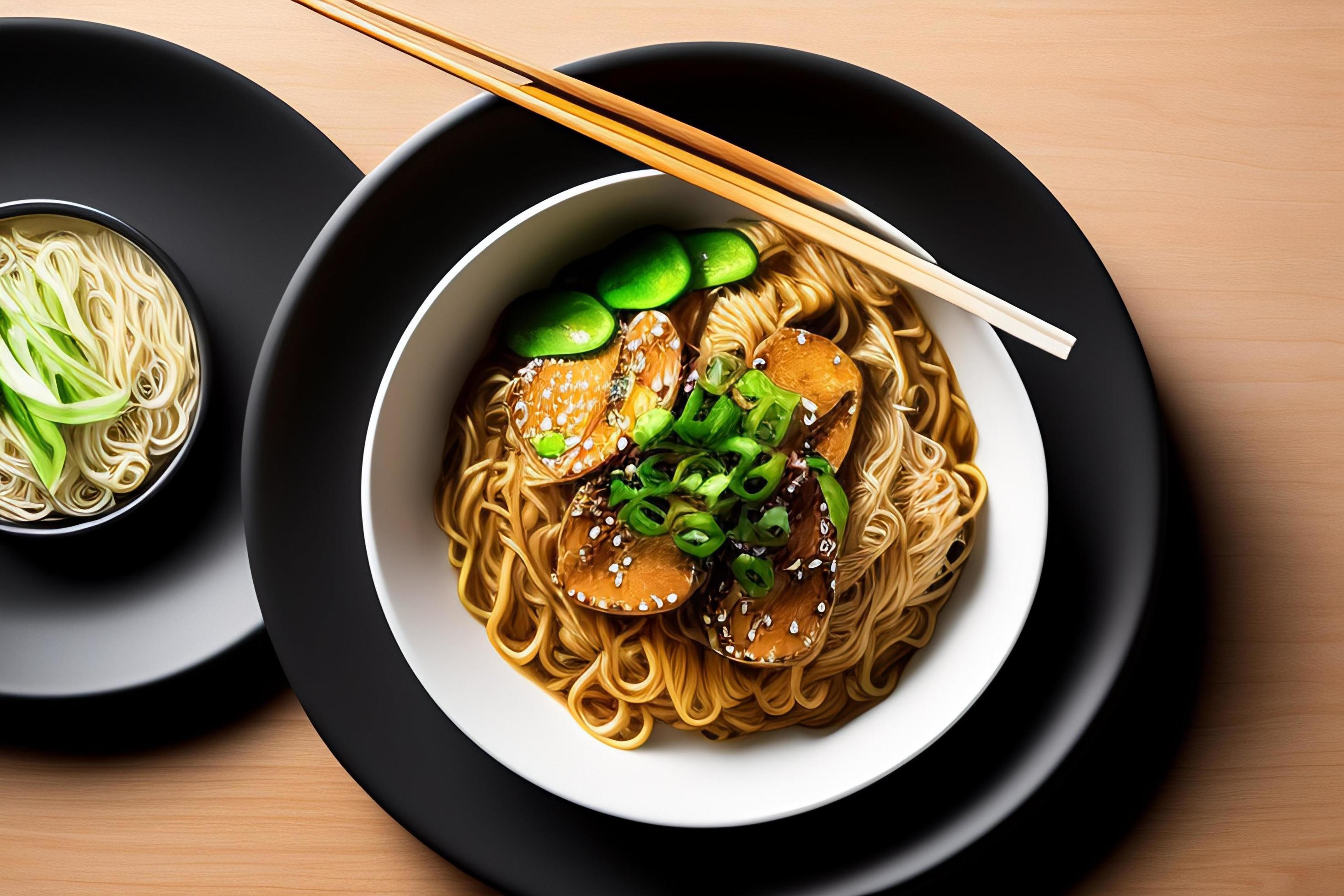 Delicious noodles. Fast food meal with appetizing pasta and chopsticks. Stock Free