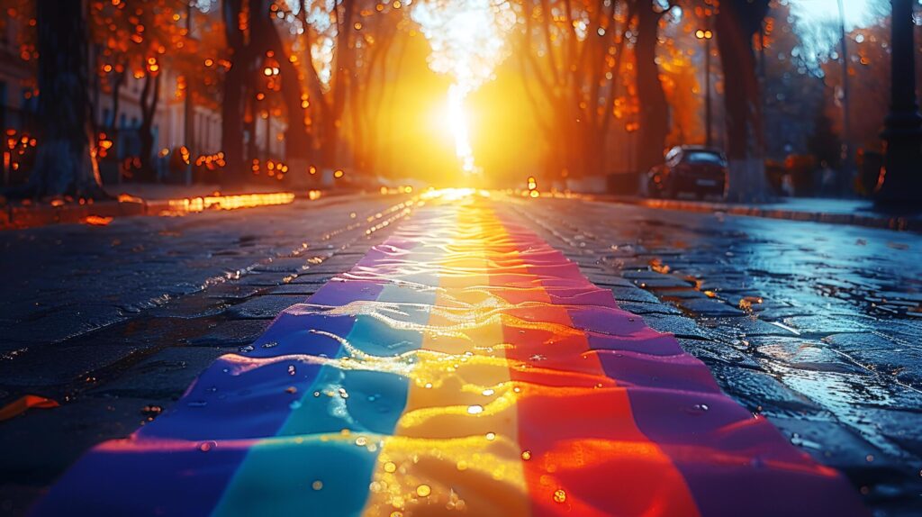 Vibrant colors with sparkling light glitter effect of rainbow flag on the street for celebrate pride month of LGBT community. AI-Generated Free Photo