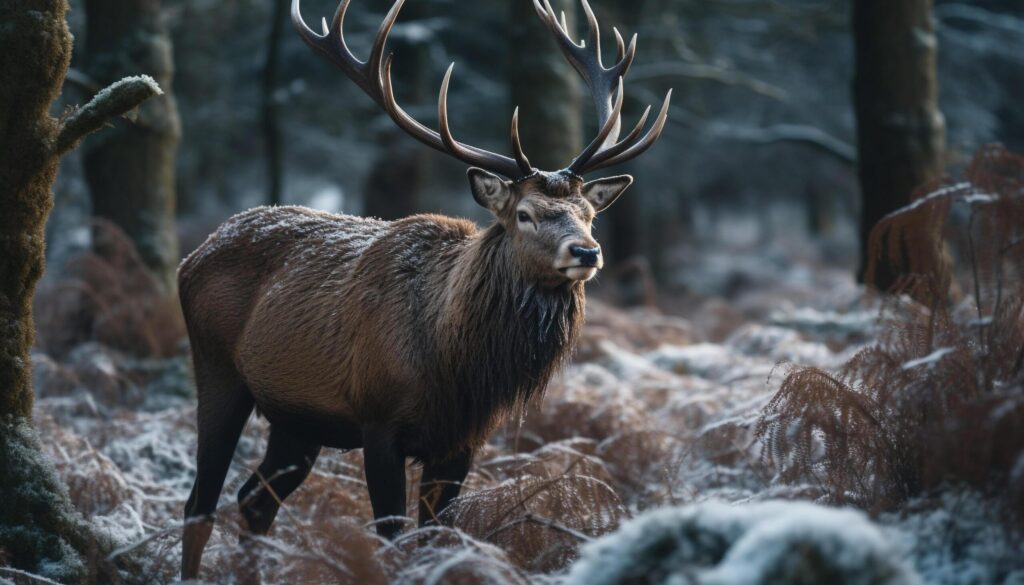 Horned stag stands in snow covered forest generated by AI Free Photo