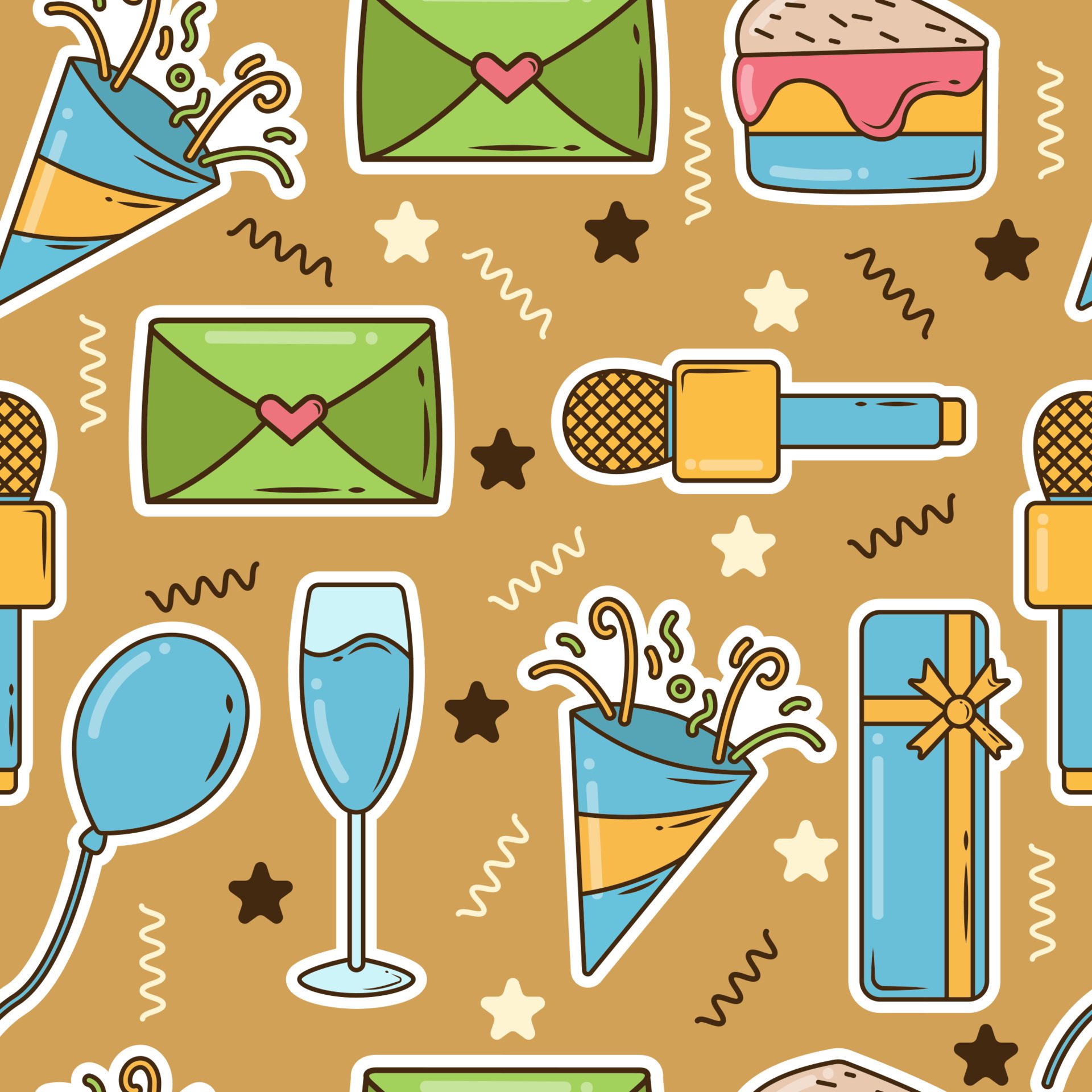 Hand drawn cartoon doodle birthday party items seamless repeat pattern Free Vector